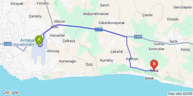 Map: Antalya Airport (AYT) to Belek
