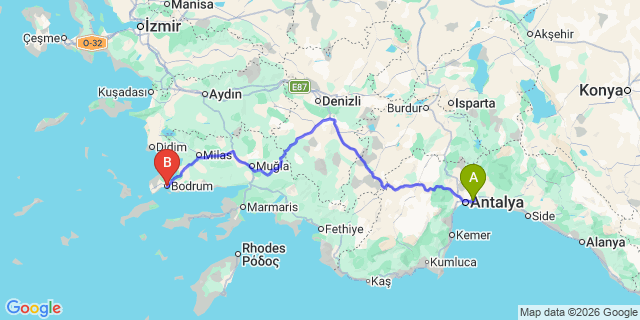 Map: Antalya Airport (AYT) to Bodrum