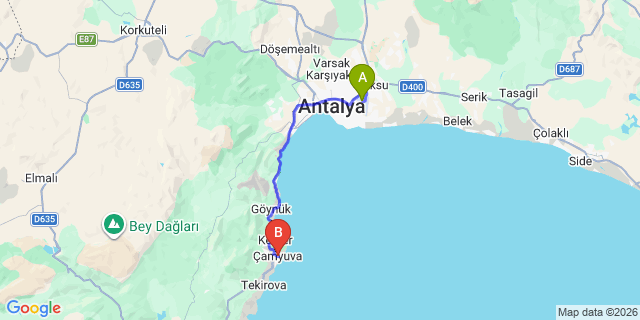 Map: Antalya Airport (AYT) to Camyuva