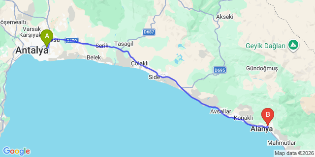 Map: Antalya Airport (AYT) to Cikcilli