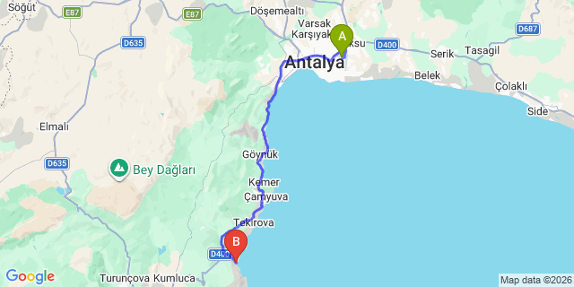 Map: Antalya Airport (AYT) to Cirali
