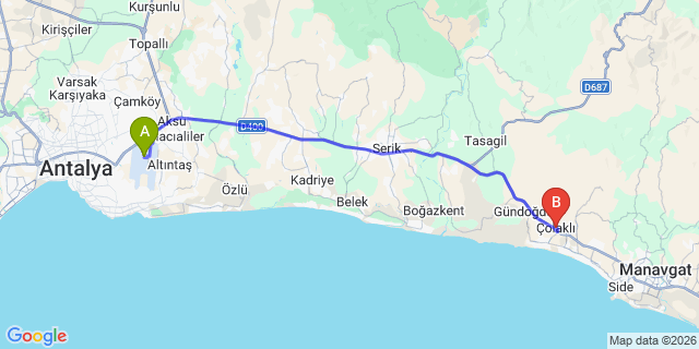 Map: Antalya Airport (AYT) to Colakli