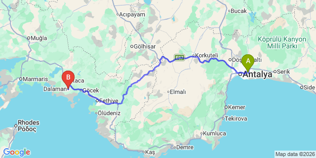 Map: Antalya Airport (AYT) to Dalaman