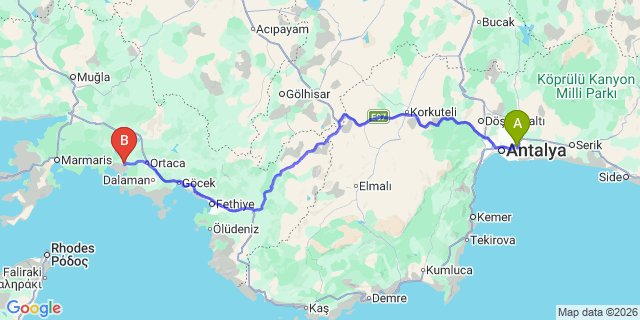 Map: Antalya Airport (AYT) to Dalyan