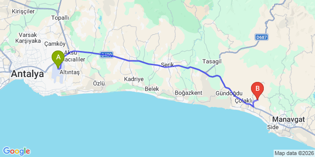 Map: Antalya Airport (AYT) to Evrenseki