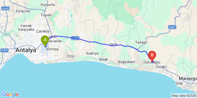 Map: Antalya Airport (AYT) to Gundogdu