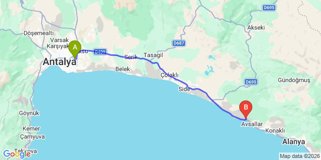 Map: Antalya Airport (AYT) to Incekum