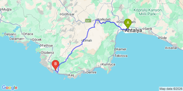 Map: Antalya Airport (AYT) to Kalkan