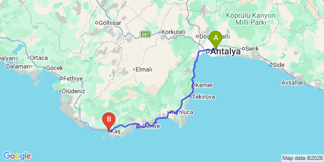 Map: Antalya Airport (AYT) to Kas