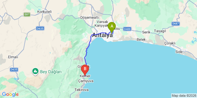 Map: Antalya Airport (AYT) to Kemer