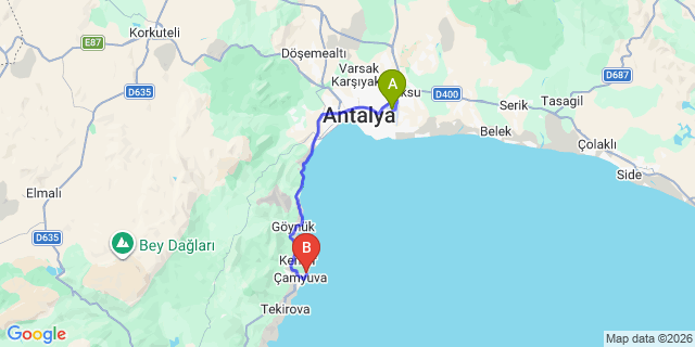 Map: Antalya Airport (AYT) to Kiris
