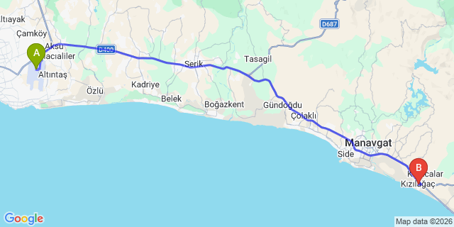 Map: Antalya Airport (AYT) to Kizilagac
