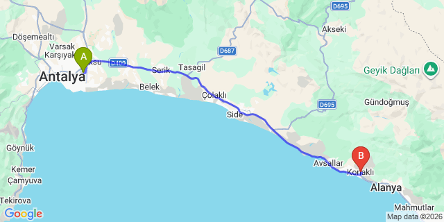 Map: Antalya Airport (AYT) to Konakli