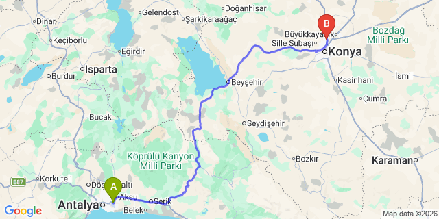 Map: Antalya Airport (AYT) to Konya Otogari