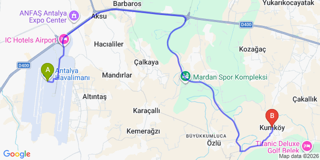 Map: Antalya Airport (AYT) to Kumkoy
