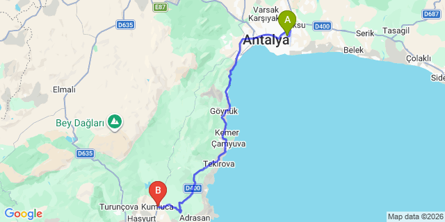Map: Antalya Airport (AYT) to Kumluca