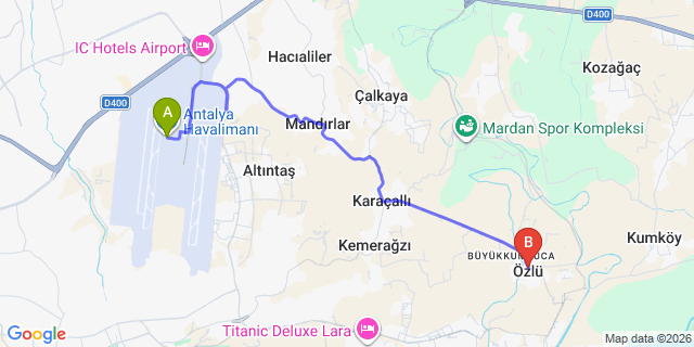Map: Antalya Airport (AYT) to Kundu