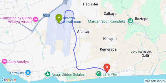 Map: Antalya Airport (AYT) to Lara