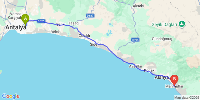 Map: Antalya Airport (AYT) to Mahmutlar