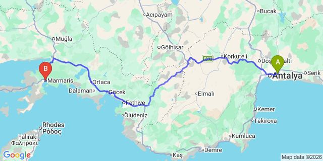 Map: Antalya Airport (AYT) to Marmaris