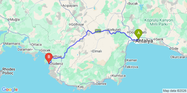 Map: Antalya Airport (AYT) to Oludeniz