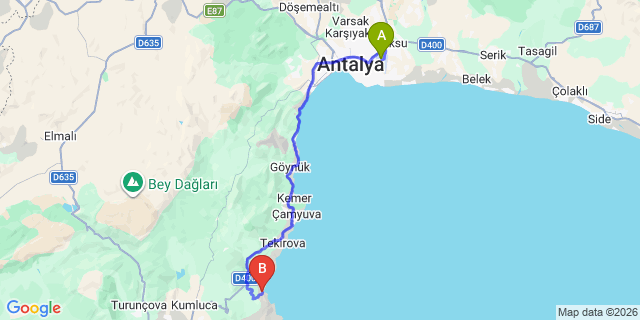 Map: Antalya Airport (AYT) to Olympos