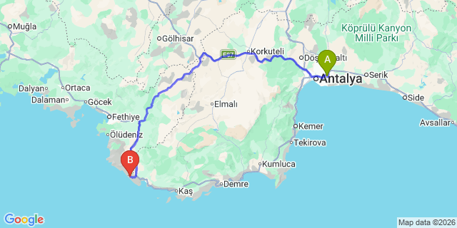 Map: Antalya Airport (AYT) to Patara
