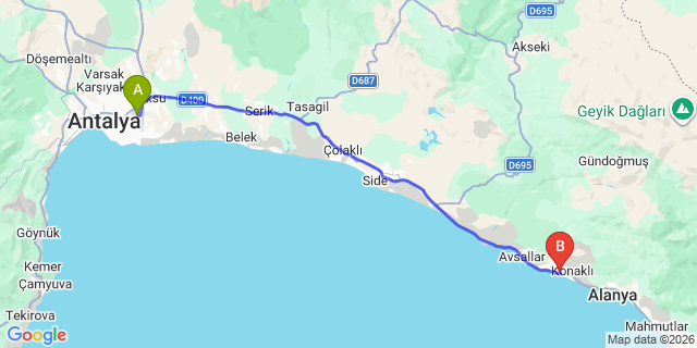 Map: Antalya Airport (AYT) to Payallar
