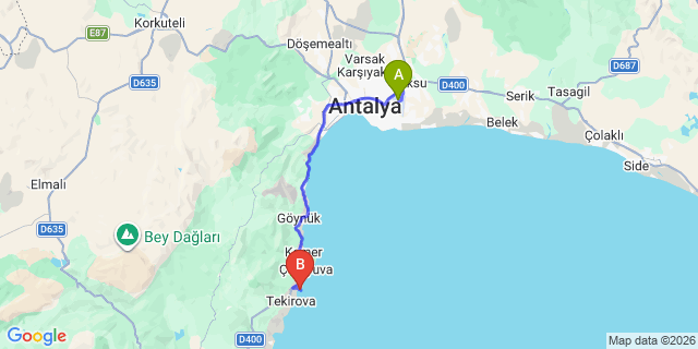 Map: Antalya Airport (AYT) to Phaselis