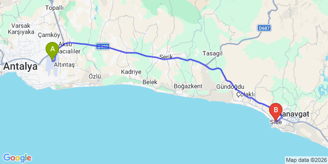 Map: Antalya Airport (AYT) to Side
