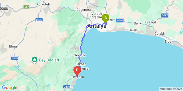 Map: Antalya Airport (AYT) to Tekirova