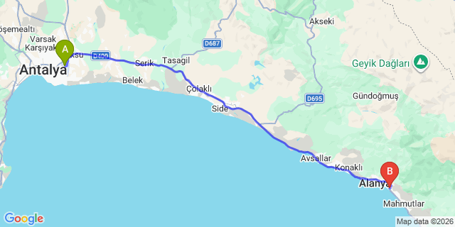 Map: Antalya Airport (AYT) to Tosmur