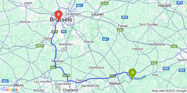 Map: Brussels Midi Train Station to Sclayn