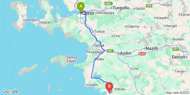 Map: Milas–Bodrum Airport (BJV) to Izmir
