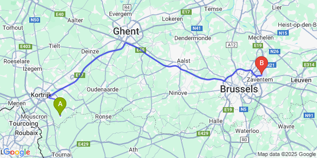 Map: Brussels Zaventem Airport (BRU) to Sint-Denijs