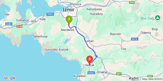 Map: Izmir Adnan Menderes Airport (ADB) to Selçuk
