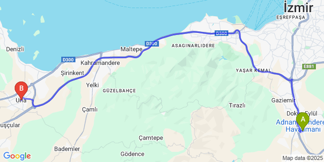 Map: Izmir Adnan Menderes Airport (ADB) to Urla