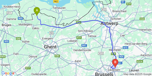 Map: Brussels Zaventem Airport (BRU) to Sint-Jan-In-Eremo