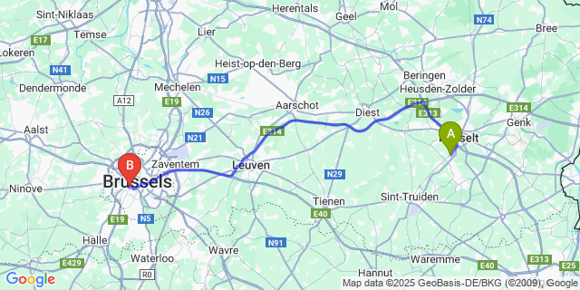 Map: Brussels Midi Train Station to Sint-Lambrechts-Herk
