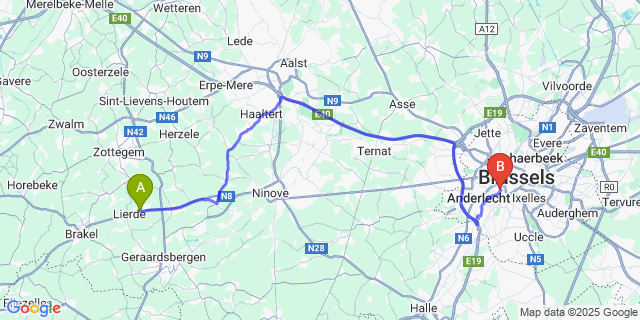 Map: Brussels Midi Train Station to Sint-Maria-Lierde