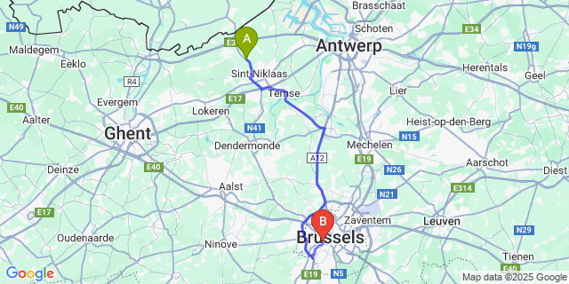 Map: Brussels Midi Train Station to Sint-Pauwels