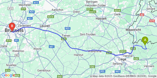 Map: Brussels Midi Train Station to Sint-Pieters-Voeren