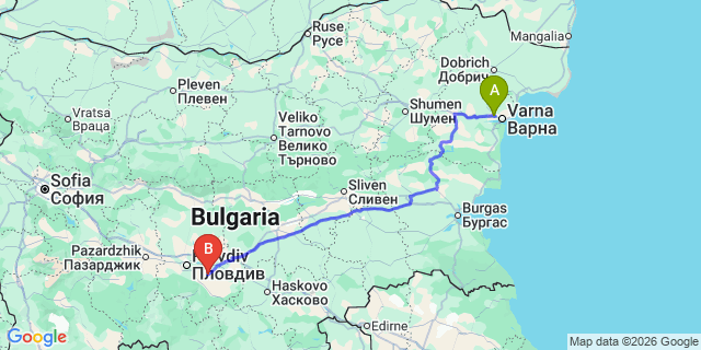 Map: Varna Airport (VAR) to Bolyartsi