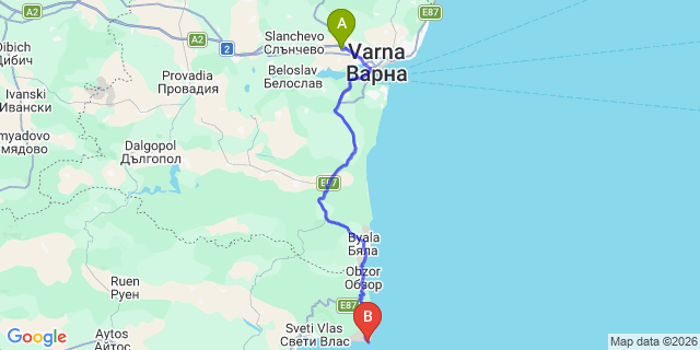 Map: Varna Airport (VAR) to Byala
