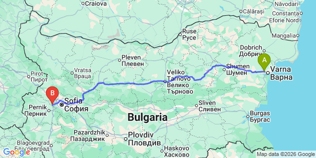 Map: Varna Airport (VAR) to Dupnitsa