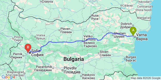 Map: Varna Airport (VAR) to Gorna Banja