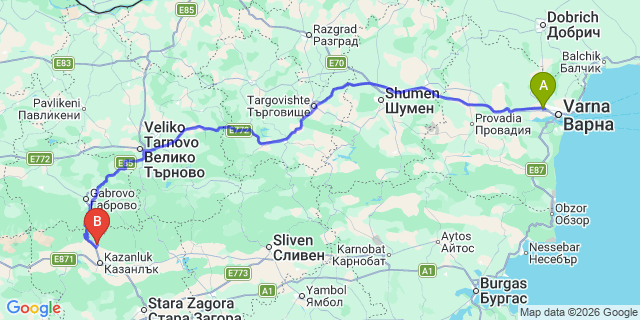 Map: Varna Airport (VAR) to Kardzhali