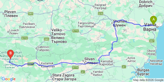 Map: Varna Airport (VAR) to Karlovo