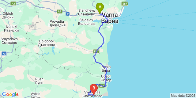 Map: Varna Airport (VAR) to Kiten