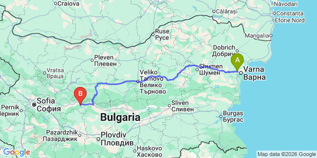 Map: Varna Airport (VAR) to Koprivshtitsa